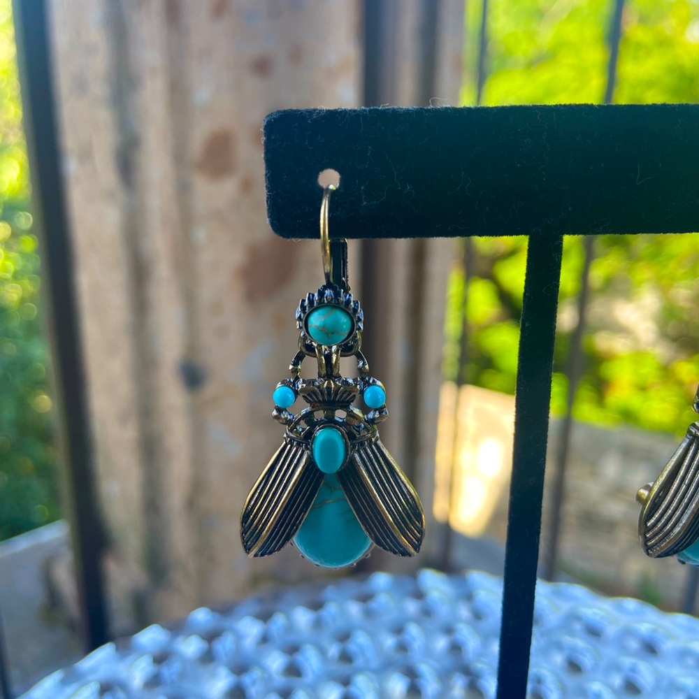 Turquoise Scarab Drop Earrings - Picture 6 of 7